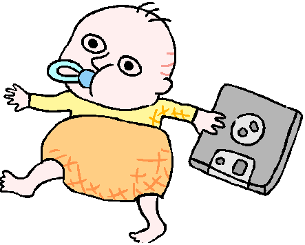 cartoon-style graphic of a baby holding a compact disc like it was a toy