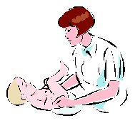 cartoon-style graphic of mother changing baby on diaper-change table