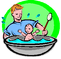 cartoon-style graphic of infant getting bathed by dad